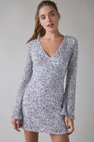 That’s Showbiz Open Back Bell Sleeve Sequin Mini Dress