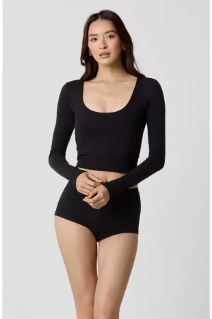 Power Mesh Plunge Long Sleeve T Shirt