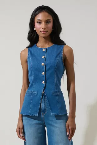 Jeanie Stretch Denim V Neck Sleeveless Button Vest Top