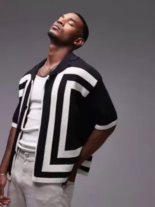 Knitted Crochet Vertical Stripe Button Through Shirt