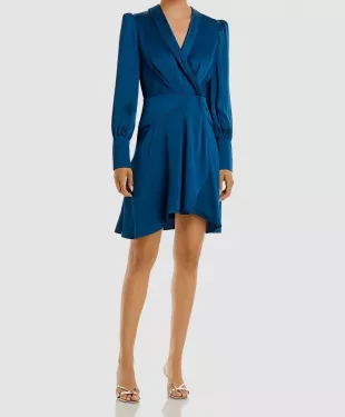 Blue Faux Wrap Shirt Dress