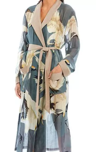 One Hundred Stars Stork Sky Print Woven Shawl Collar Long Sleeve Tie Waist Wrap Robe