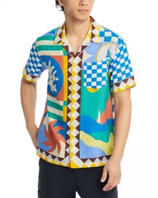 Panel Regular Fit Button Down Camp Shirt