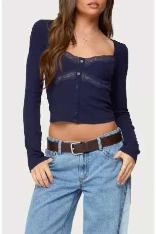 Kathi Lace Trim Long Sleeve Button Up Shirt