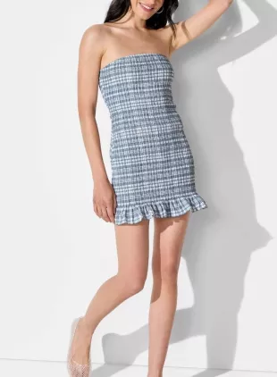 Blue Plaid Smocked Mini Dress Spaghetti Strap Ruffle Hem