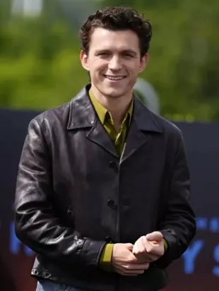 Tom Holland The Odyssey Photocall Brown Leather Jacket