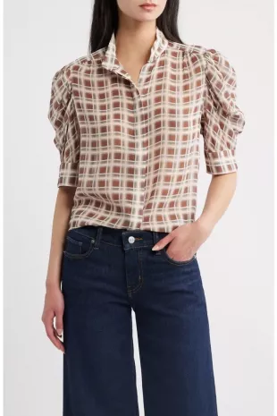 The Gillian Plaid Puff Sleeve Silk Button-Up Shirt