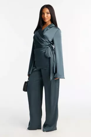 Margot Satin Wrap Shirt And Pant Set