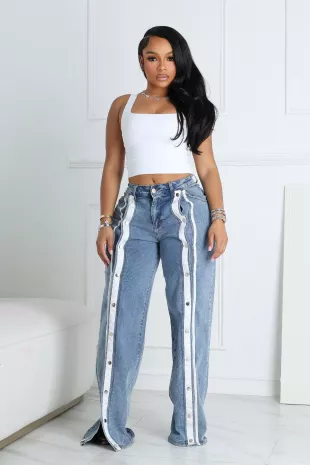 Retro Snap Button Denim Jeans with Stripes