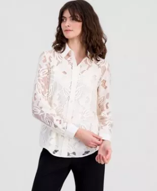 Collared Floral-Lace Button-Front Shirt