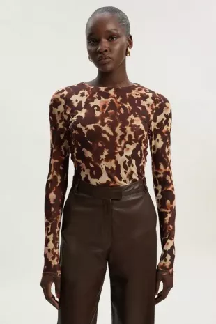 Long Sleeve Leopard Print Mesh Bodysuit