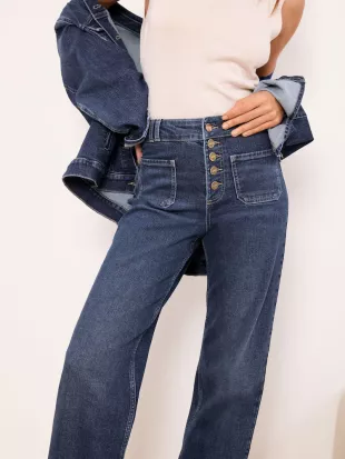Lipsy Dark Blue Wash High Waist Patch Pocket Glam Wide Leg Jeans