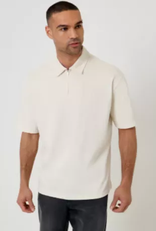 Oversized Quarter Zip Polo Shirt in Natural.