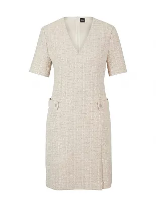 V-Neck Dress in Melange Tweed Beige