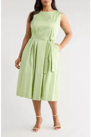 Paneled-Bodice Belted Midi Dress