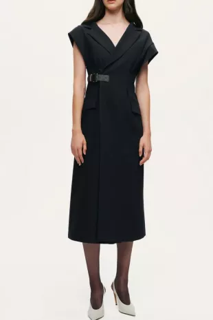 Tailored Buckle-Wrap Midi Dress