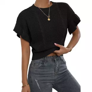 Women's Ruffled Short Sleeve Crewneck Knit Pullover Sweater Top Casual