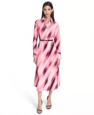 Printed Collared Long-Sleeve Dress
