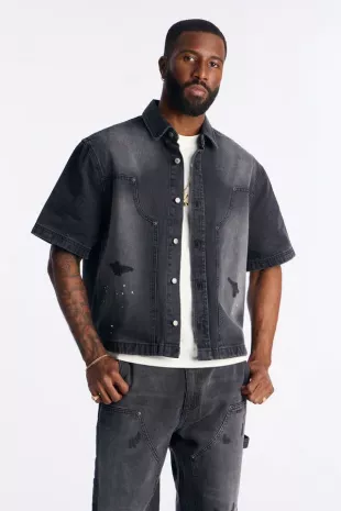 Cropped Splatter Paint Distressed Carpenter Work Shirt