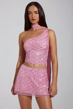 Cosette Embellished Asymmetric ScarfDetail Top in Pink