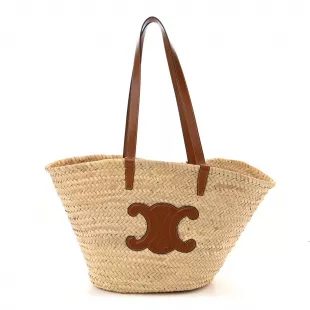 Raffia Calfskin Triomphe Medium Panier Tan