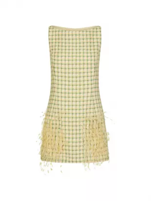 Embellished-Pocket Check Tweed Sleeveless Mini Dress