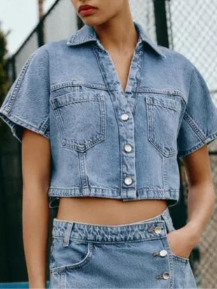 Below Deck Mediterranean S11 Aesha Scott Denim Crop Shirt