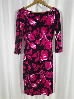 Silk Floral Dress Size 6 Pink Black Sheath Cocktail DVF