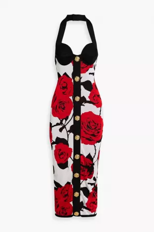 Jacquard-Knit Halterneck Midi Dress