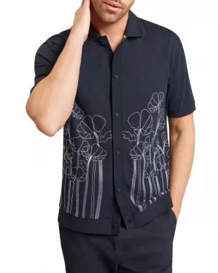 Actton Embroidered Short Sleeve Knit Button-Up Shirt