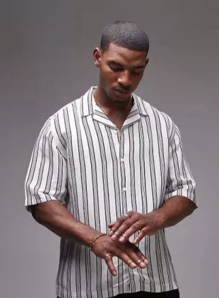 Short Sleeve Relaxed Linen Blend Stripe Shirt