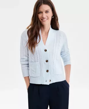 100% Cashmere Cable-Knit Cropped Cardigan Sweater