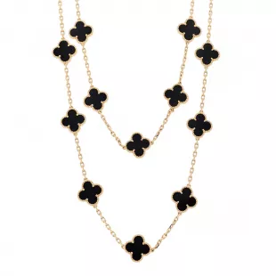 18K Yellow Gold Black Onyx 20 Motifs Vintage Alhambra Necklace