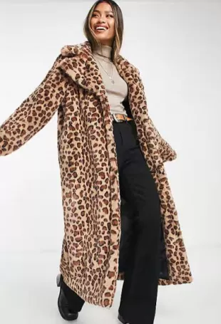 Longline faux fur coat in leopard print