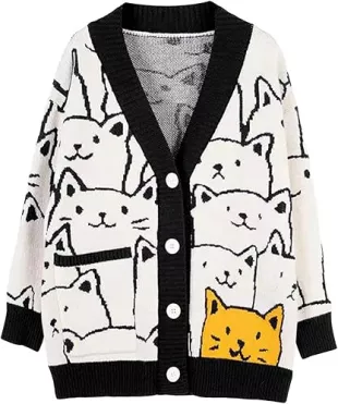 Cat Sweater for Women Oversized Button Down V Neck Knit Cardigan