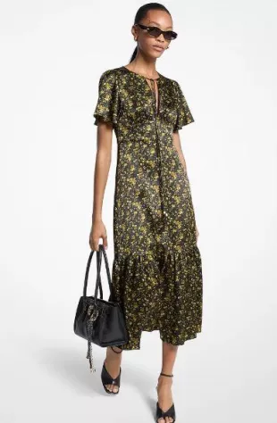Floral Hammered Satin Midi Dress