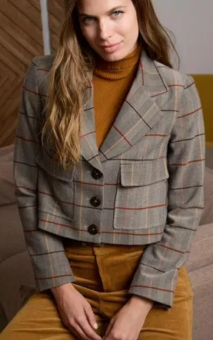 Cropped Plaid Blazer Khaki women