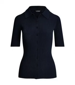 Rib-Knit Elbow-Sleeve Polo Cardigan Lauren Navy