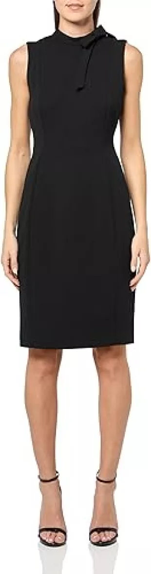 Sleeveless Tie Neck Crepe Knee Length Sheath Dress