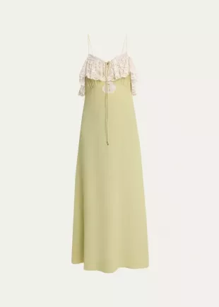 Lace-Ruffle Silk Crepe De Chine Maxi Slip Dress