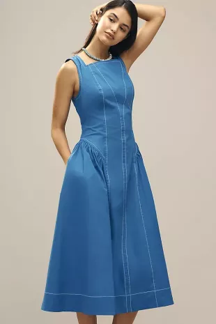 High-Neck Seamed Midi Dress