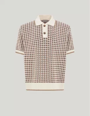 Beige Short-Sleeved Linen and Silk Jacquard Polo Shirt