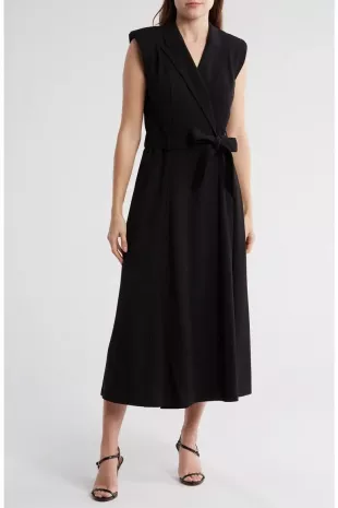 Belted Peak Lapel Wrap Midi Dress