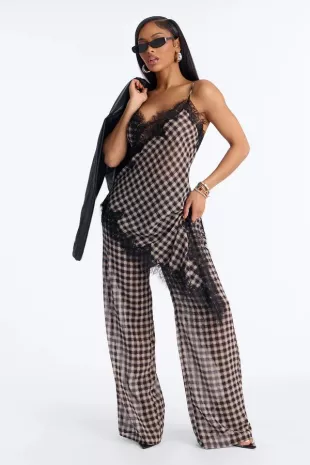 Janet Checkered Lace Trim Pant Set