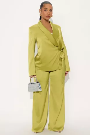Boa Satin Blazer Pant Set in Chartreuse