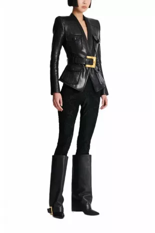 1-Button Belted Leather Jacket