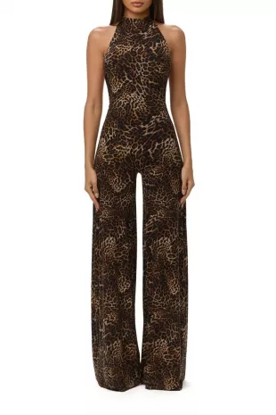 Leopard Print Wide Leg Halter Jumpsuit