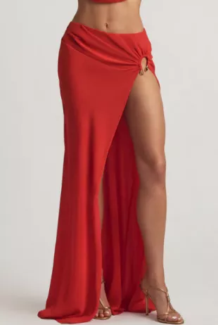 Keona Mid Rise Split Maxi Skirt in Chilli Red