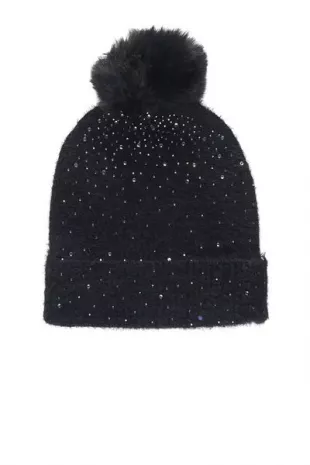 Tajuana Black Rhinestone Beanie With Fur Pom
