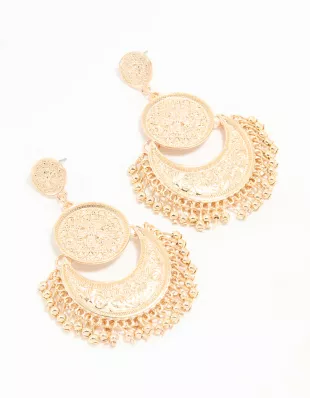 Gold Boho Etched Flower Drop Earrings